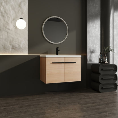 30" Wall Mounted Bathroom Vanity with Resin Basin, Natural Oak Finish, Double Door Plywood Cabinet, Modern Floating Vani image 6
