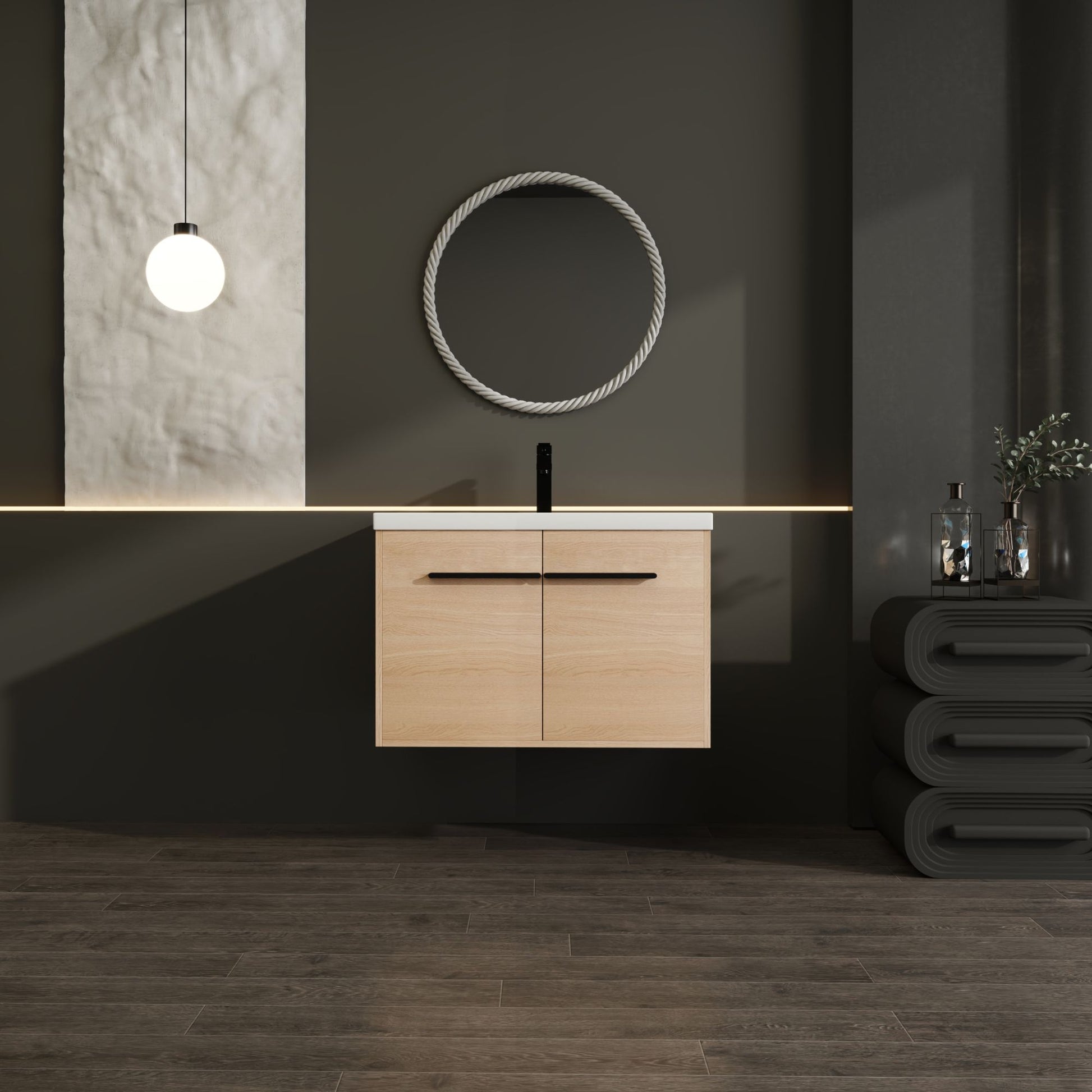 30" Wall Mounted Bathroom Vanity with Resin Basin, Natural Oak Finish, Double Door Plywood Cabinet, Modern Floating Vani image 3