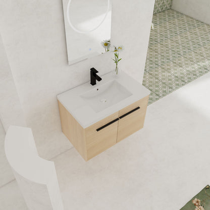 30" Wall Mounted Bathroom Vanity with Resin Basin, Natural Oak Finish, Double Door Plywood Cabinet, Modern Floating Vani image 5