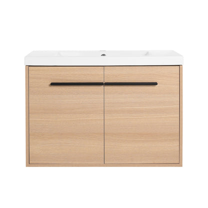 30" Wall Mounted Bathroom Vanity with Resin Basin, Natural Oak Finish, Double Door Plywood Cabinet, Modern Floating Vani image 16
