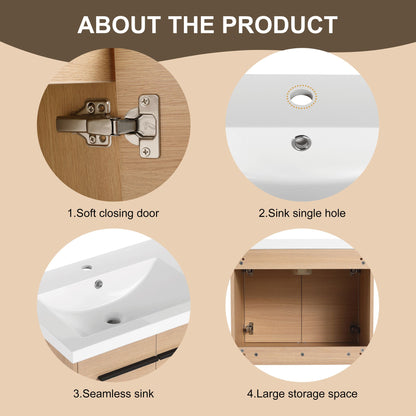 30" Wall Mounted Bathroom Vanity with Resin Basin, Natural Oak Finish, Double Door Plywood Cabinet, Modern Floating Vani image 10