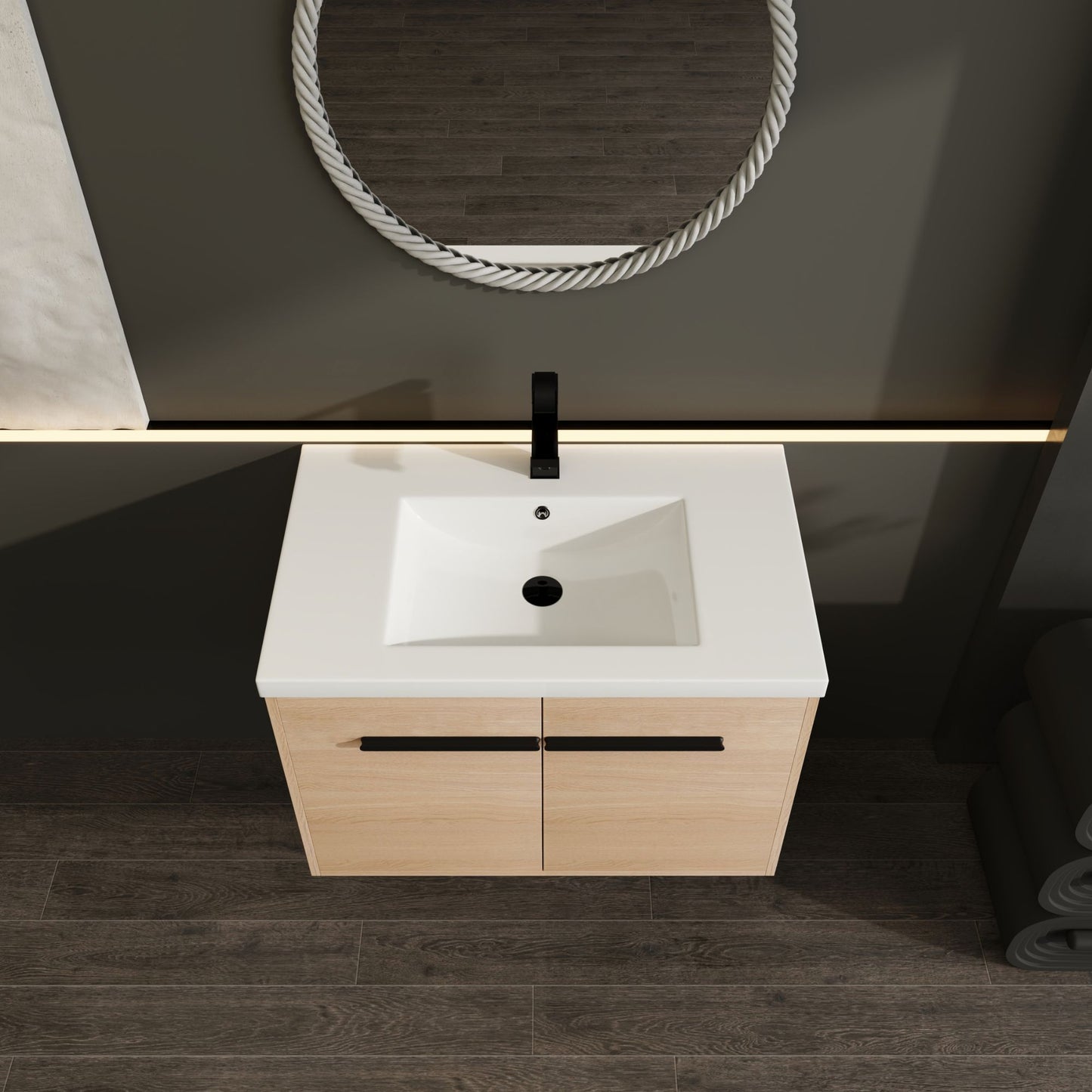 30" Wall Mounted Bathroom Vanity with Resin Basin, Natural Oak Finish, Double Door Plywood Cabinet, Modern Floating Vani image 9