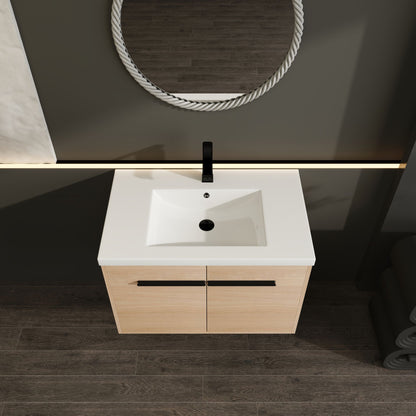 30" Wall Mounted Bathroom Vanity with Resin Basin, Natural Oak Finish, Double Door Plywood Cabinet, Modern Floating Vani image 9