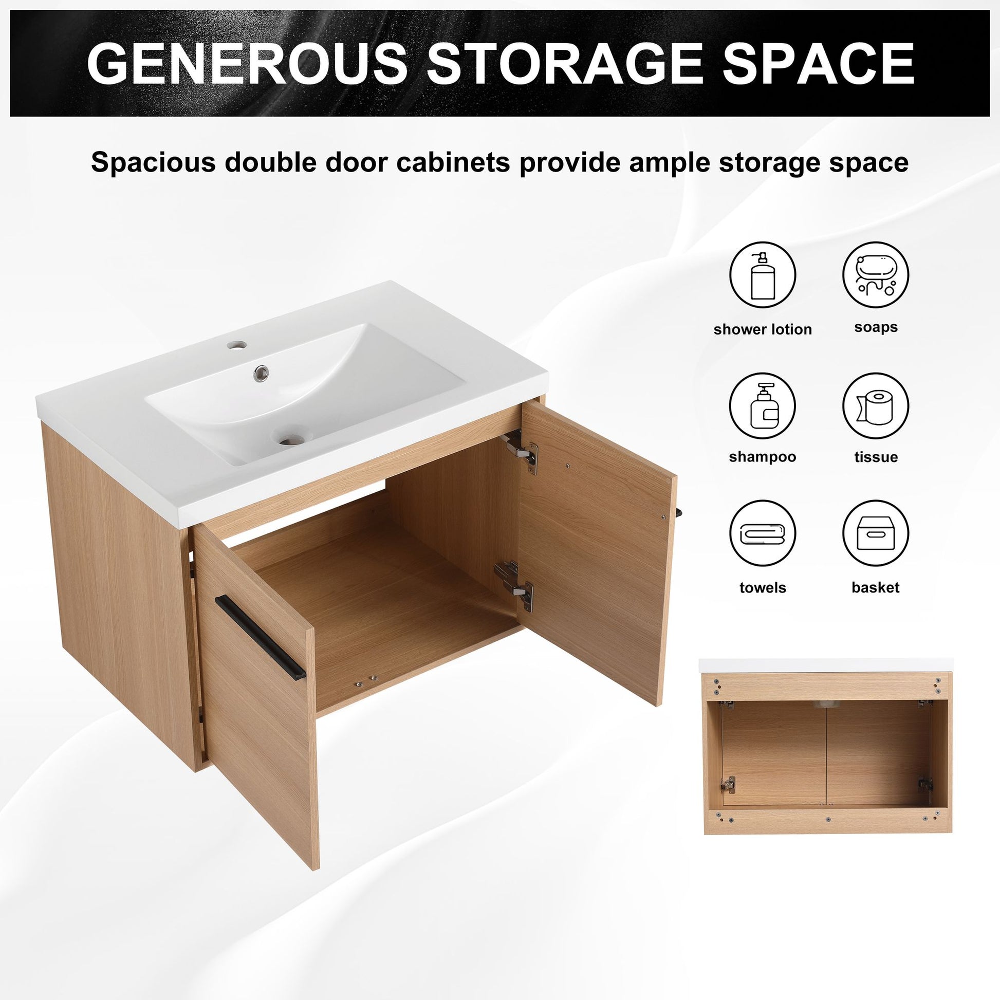 30" Wall Mounted Bathroom Vanity with Resin Basin, Natural Oak Finish, Double Door Plywood Cabinet, Modern Floating Vani image 12
