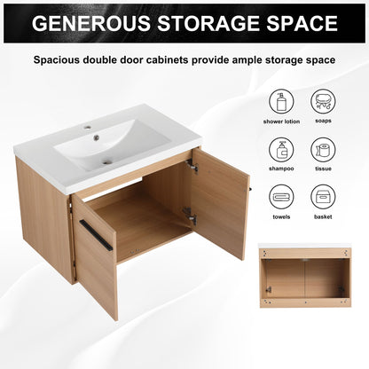 30" Wall Mounted Bathroom Vanity with Resin Basin, Natural Oak Finish, Double Door Plywood Cabinet, Modern Floating Vani image 12