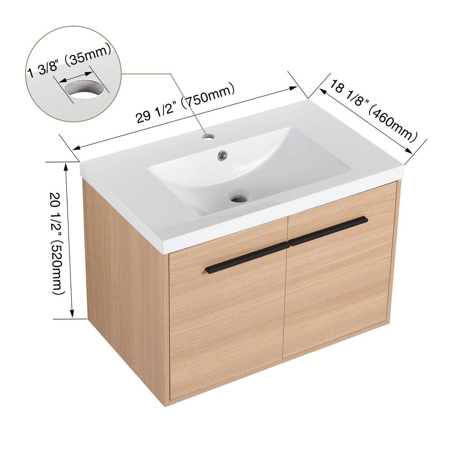 30" Wall Mounted Bathroom Vanity with Resin Basin, Natural Oak Finish, Double Door Plywood Cabinet, Modern Floating Vani image 15