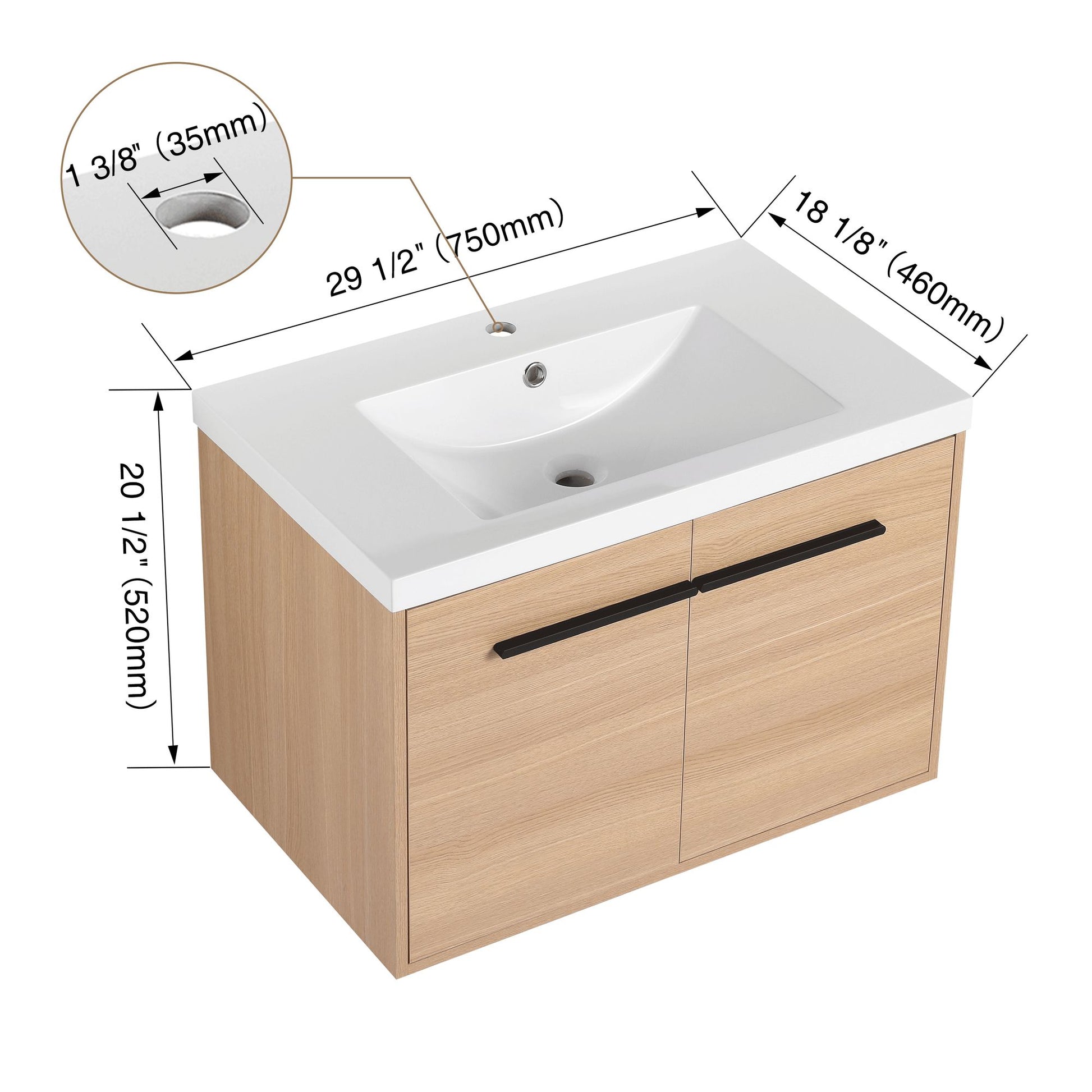 30" Wall Mounted Bathroom Vanity with Resin Basin, Natural Oak Finish, Double Door Plywood Cabinet, Modern Floating Vani image 15