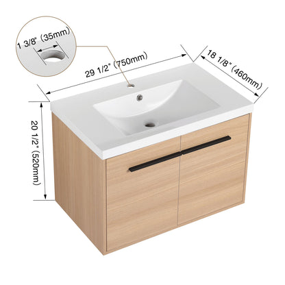 30" Wall Mounted Bathroom Vanity with Resin Basin, Natural Oak Finish, Double Door Plywood Cabinet, Modern Floating Vani image 15