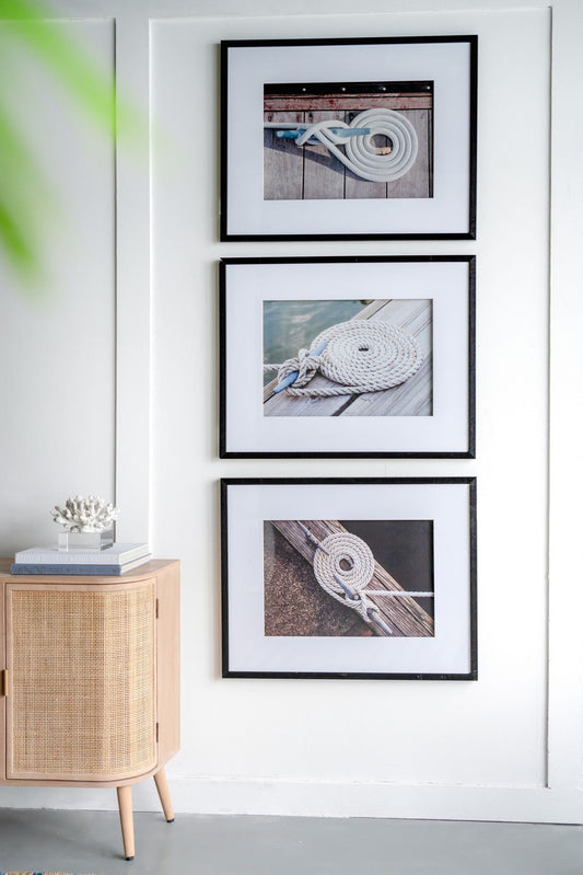 Set of three rope wall art pieces with black frame, nautical boater knots design