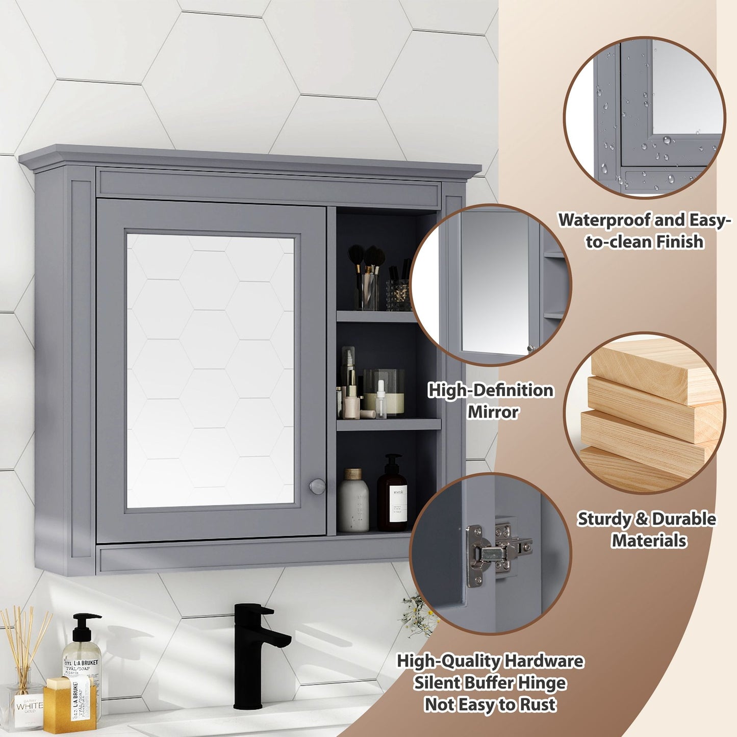 30'' x 28'' Medicine Cabinet, Wall Mounted Bathroom Storage Cabinet, Modern Bathroom Wall Cabinet with Mirror,Medicine C image 6