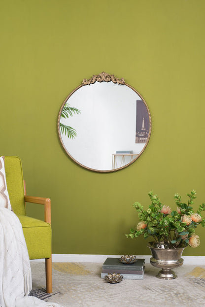 30x32 round gold mirror with baroque metal frame for bathroom living room - front view