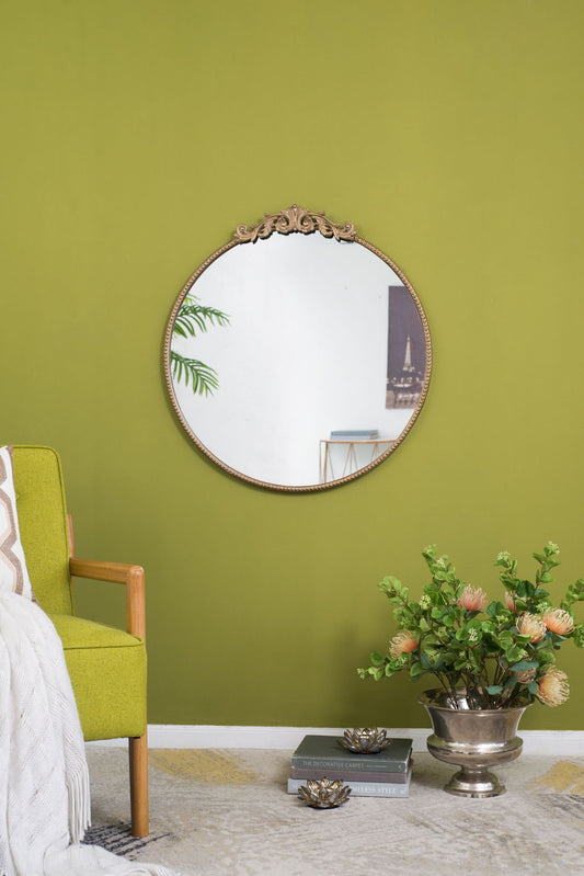30x32 round gold mirror with baroque metal frame for bathroom living room - front view