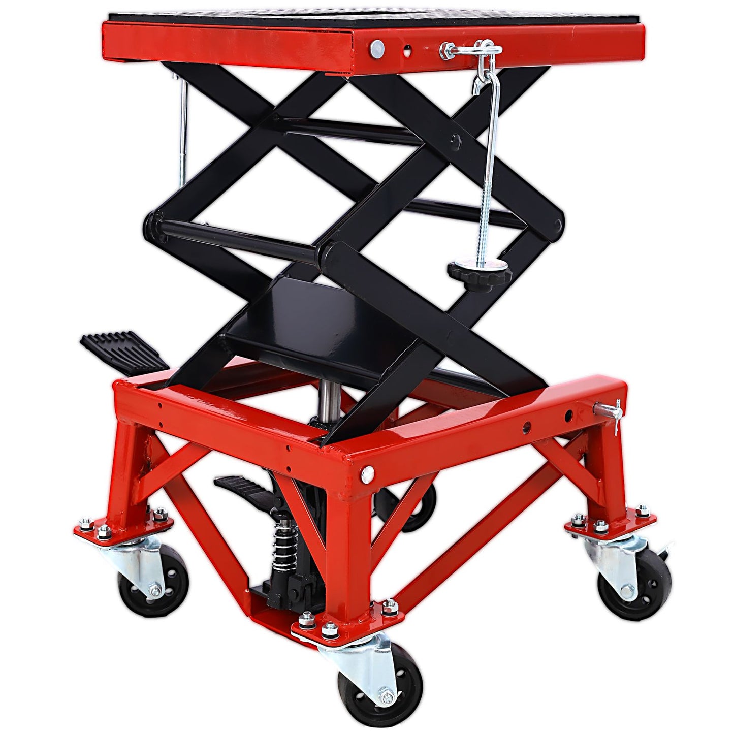 300 lbs Hydraulic Motorcycle Scissor Jack Lift Foot Step Wheels for Small Dirt Bikes,red color image 10