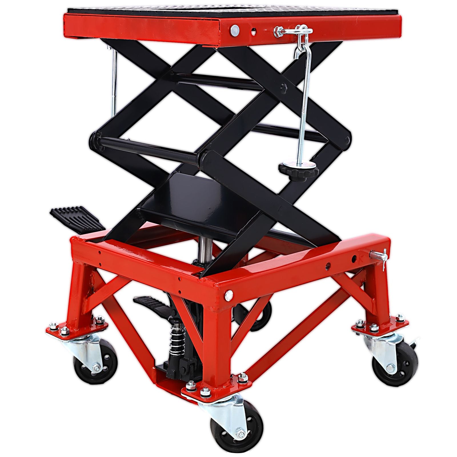 300 lbs Hydraulic Motorcycle Scissor Jack Lift Foot Step Wheels for Small Dirt Bikes,red color image 10