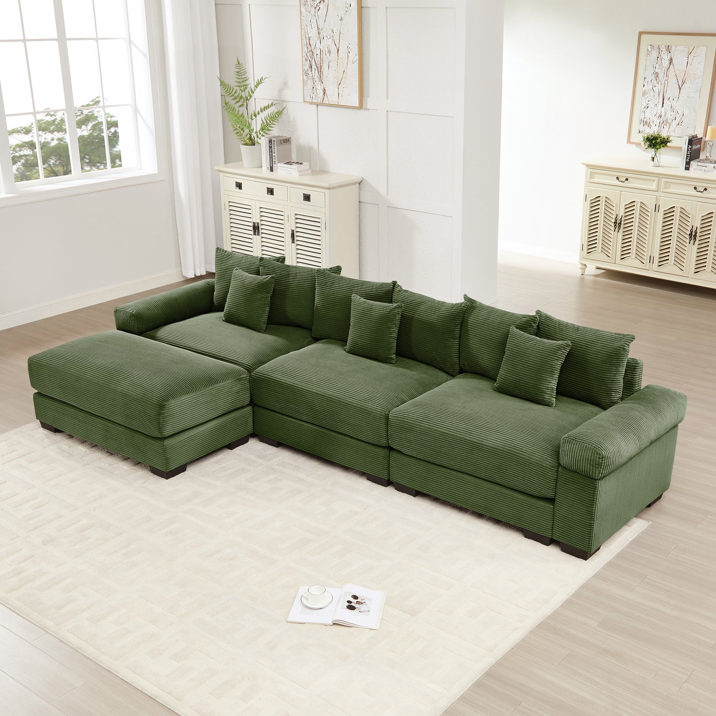 130" Oversized Cloud Modular L-Shape Sectional Couch,Soft Corduroy Fabric,With An Ottoman,Deep Seat Wide Armrest Ergonomic Design 9 Pillows Easy Assembly,For Living Rooms bedroom,Green image 1