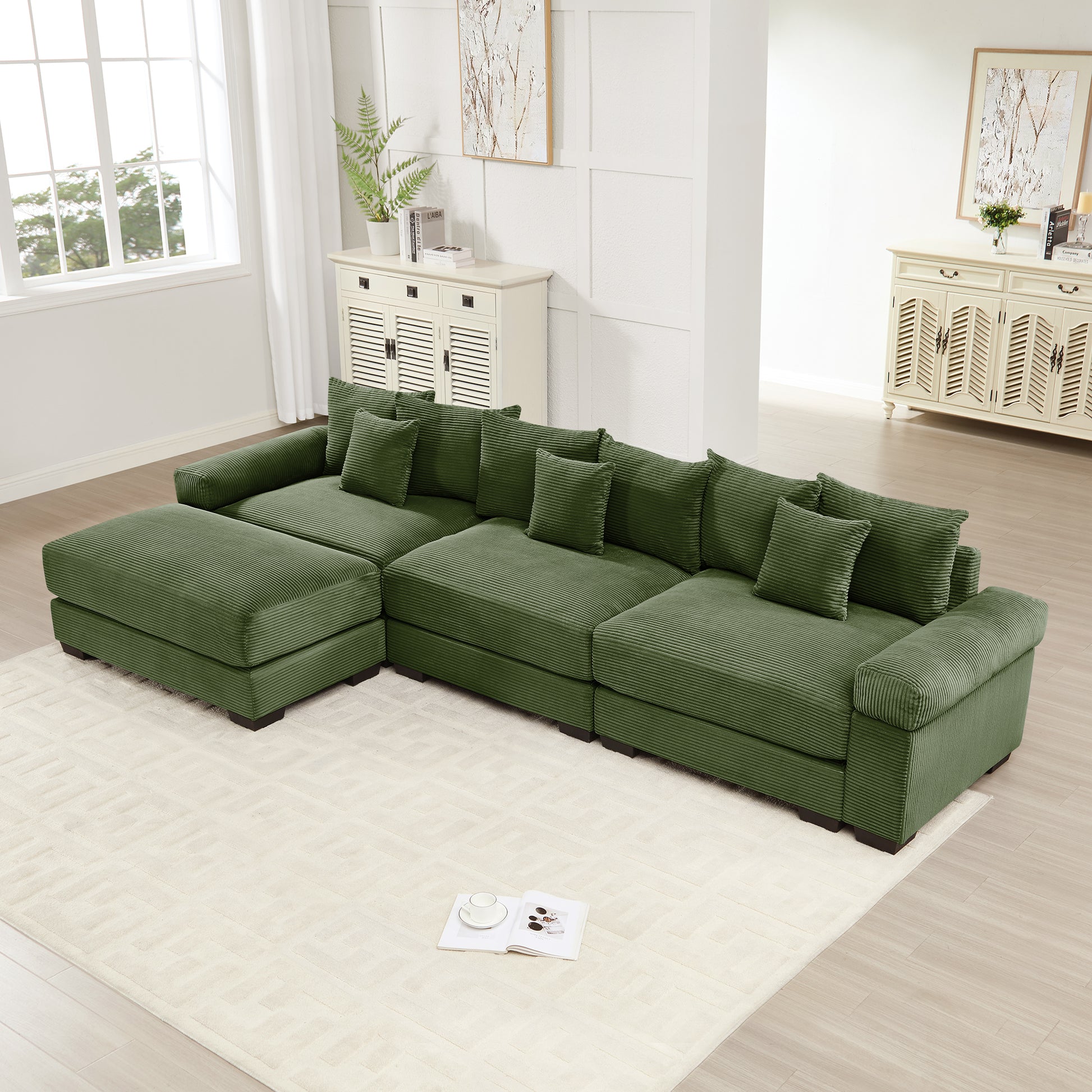 130" Oversized Cloud Modular L-Shape Sectional Couch,Soft Corduroy Fabric,With An Ottoman,Deep Seat Wide Armrest Ergonomic Design 9 Pillows Easy Assembly,For Living Rooms bedroom,Green image 1