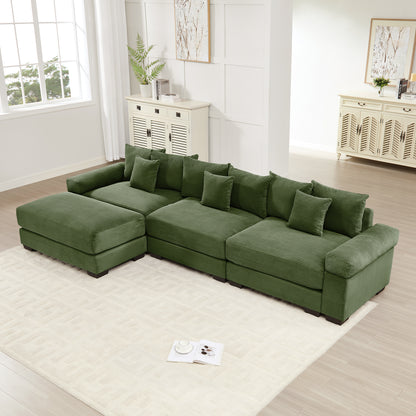 130" Oversized Cloud Modular L-Shape Sectional Couch,Soft Corduroy Fabric,With An Ottoman,Deep Seat Wide Armrest Ergonomic Design 9 Pillows Easy Assembly,For Living Rooms bedroom,Green image 1