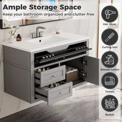 36'' Wall Mounted Bathroom Vanity, Floating Bathroom Storage Cabinet with 2 Drawers, 1 Tip-out Drawer, 3 Holes Single Ceramic Sink, Modern Cabinet. image 7