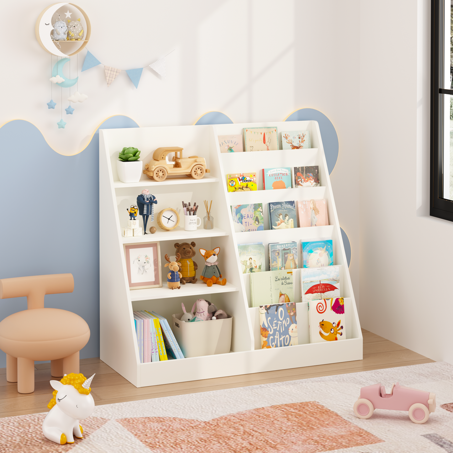 Kids Bookshelf and Toy Storage Organizer, Multifunctional 4 Tier Wooden Kids Book Shelf with Bookcase Display Stand in Kids Room Playroom Nursery for Kids, Children, Toddlers (White) image 1