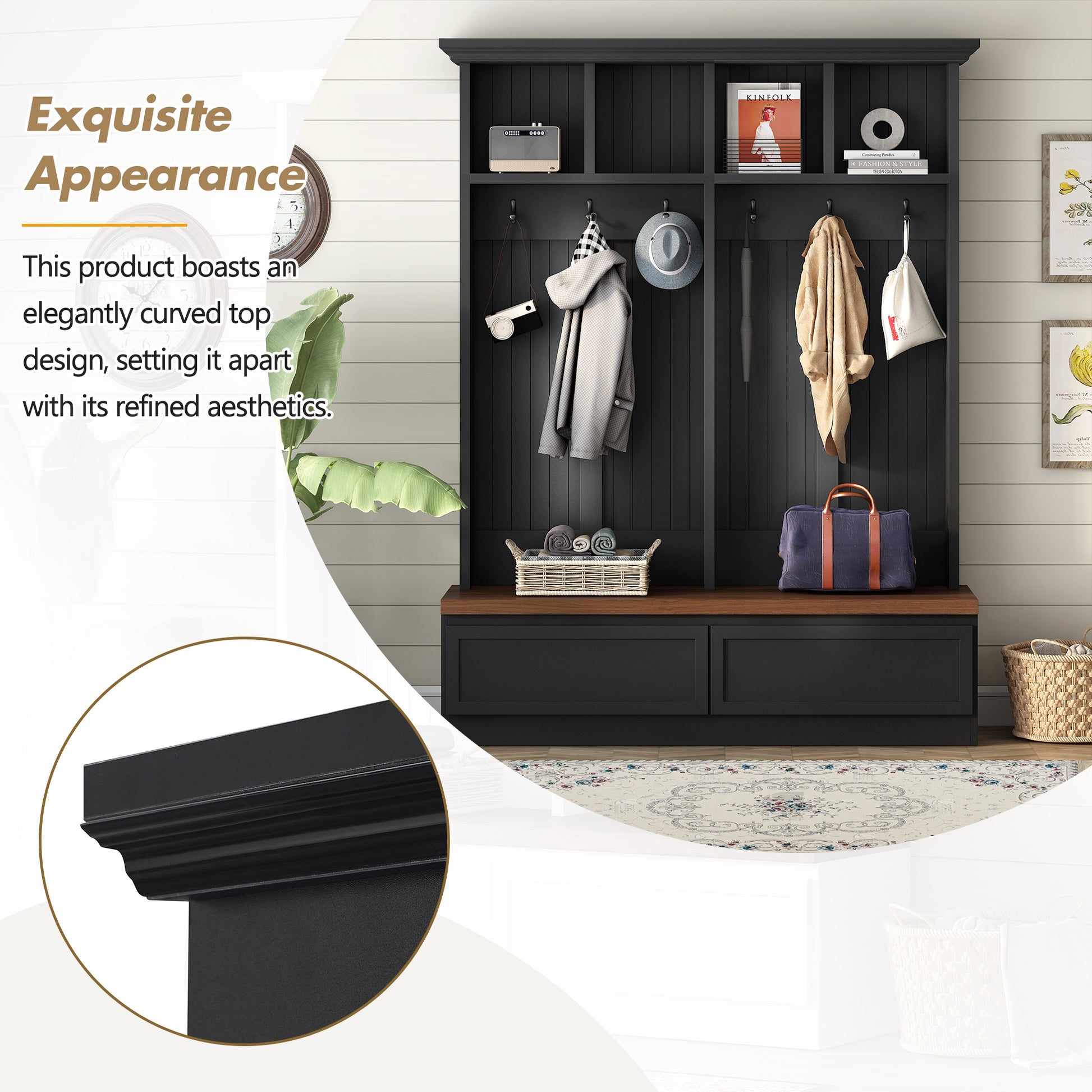 Farmhouse 4-in-1 Hall Tree with Wood Grain Bench, Mudroom Versatile Coat Rack with 2 Large Drawer, Entrance Organizer for Hallway, Living Room, Black, 55.9"W (OLD SKU: N721P313099B) image 4