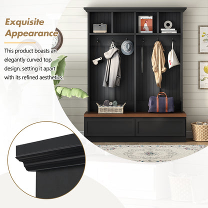 Farmhouse 4-in-1 Hall Tree with Wood Grain Bench, Mudroom Versatile Coat Rack with 2 Large Drawer, Entrance Organizer for Hallway, Living Room, Black, 55.9"W (OLD SKU: N721P313099B) image 4