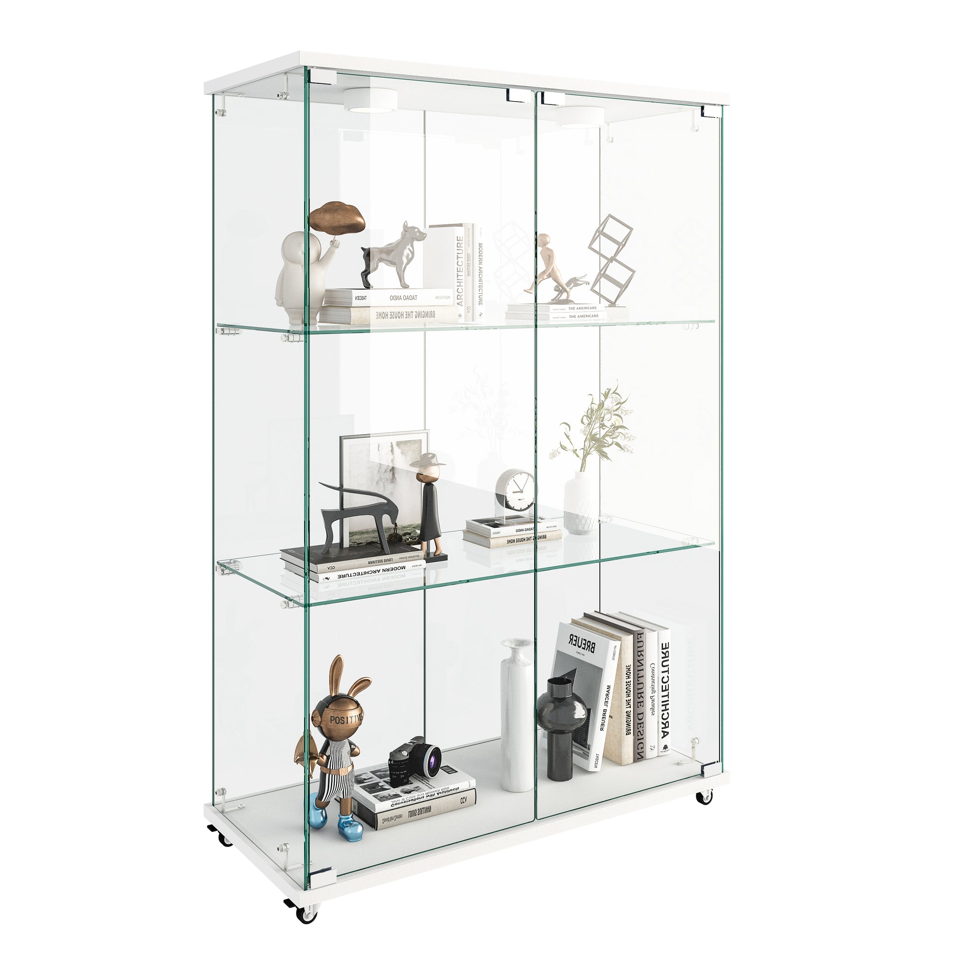 Modern Glass Display Cabinet with LED lights, Quick-assembly Antique Cabinet, Tempered Glass Bookshelf, Suitable for Living Room and Bedrooms, 2-door 3-shelf, Transparent+White (Old Sku:W241P242928) image 7