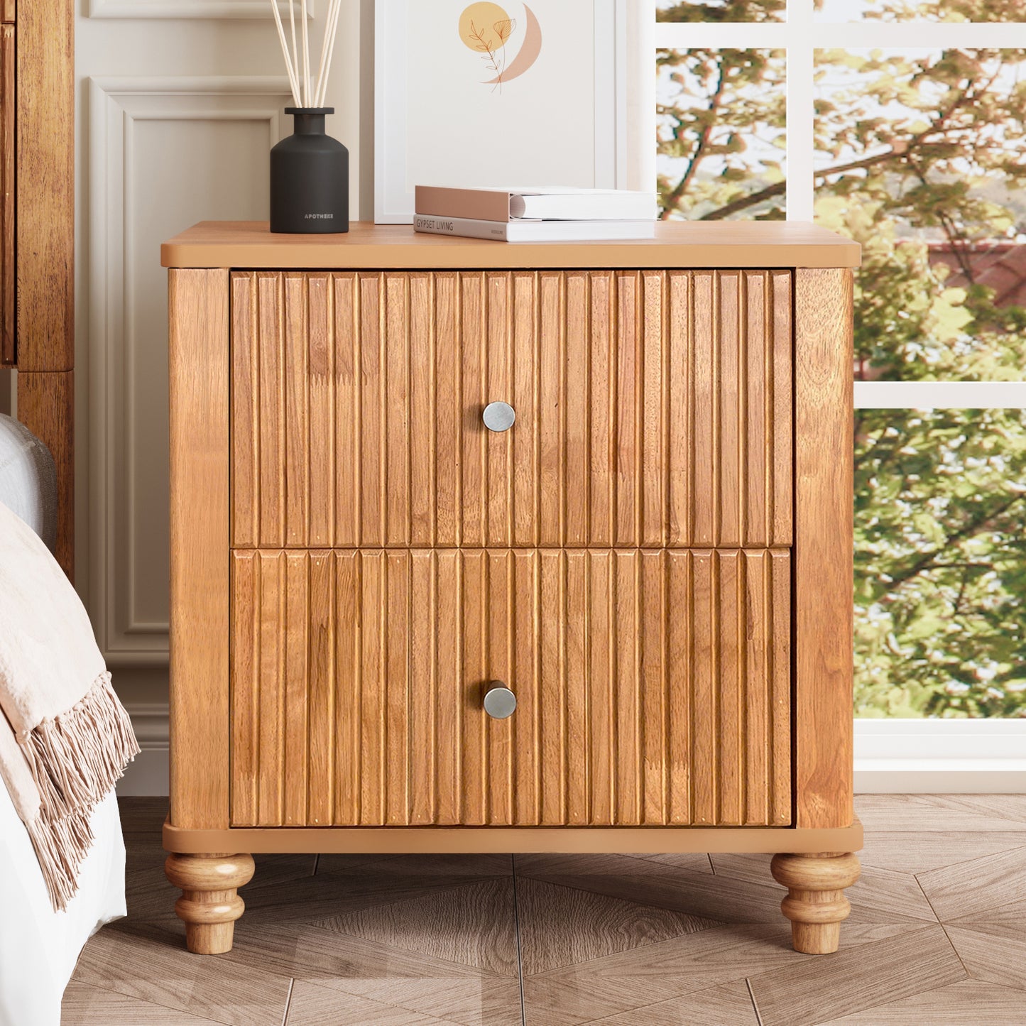 Fluted Nightstand, 21.65" Wide Side Table with 3 Drawers, Mid Century Modern Wood NightStand with Metal Handle, Wooden Bedside End Table for Bedroom, Living Room, Closet, Natural image 1