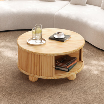 Round Fluted Coffee Table with Storage, Pine Solid Wood, Sliding Door, Natural, 31.8" image 4