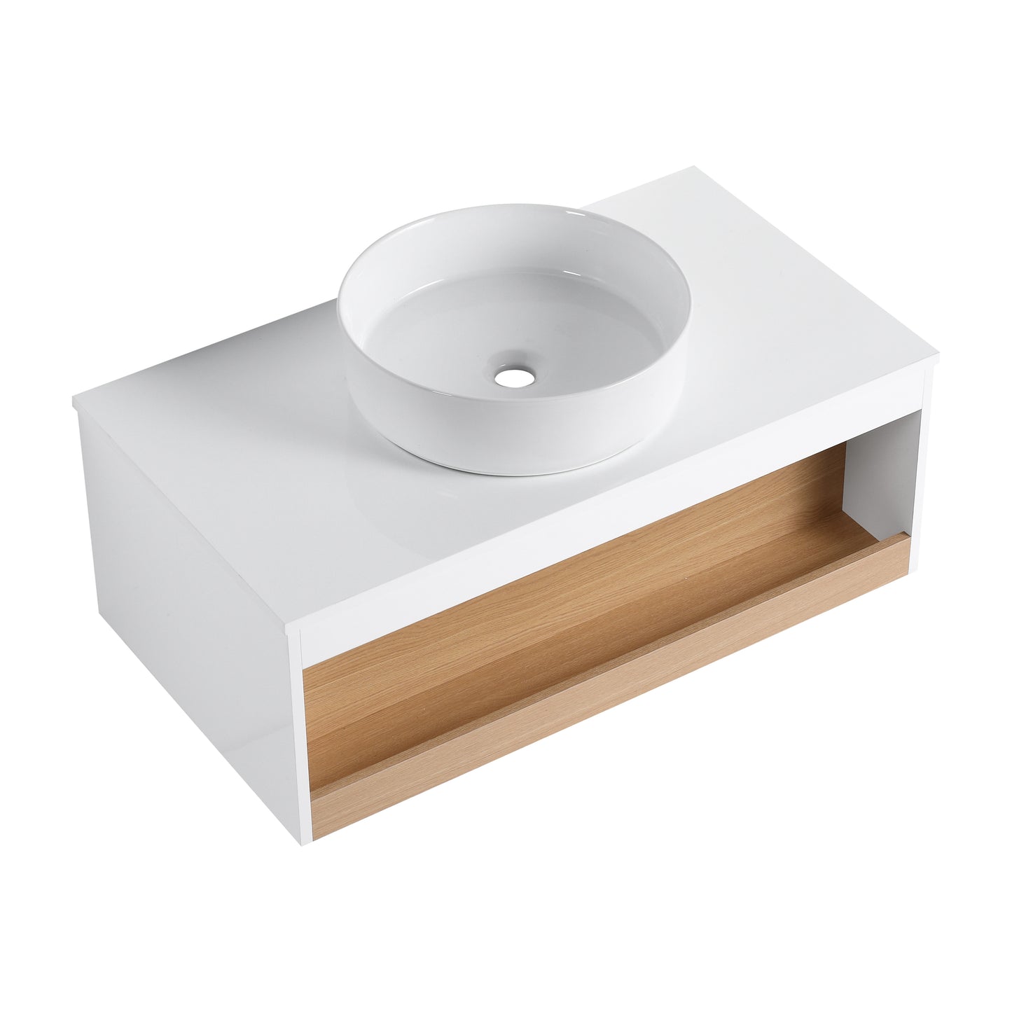 36" Floating Bathroom Vanity with Glossy White Round Vessel Sink, Wall-Mounted Vanity with Open Shelf Storage, White Finish with Durable Countertop, Space-Saving Modern Design (Ships in 2 Boxes) image 11