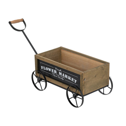 16.5x9.5x8" Rustic Wooden Wagon Planter with Black Iron Wheels and Handle image 2