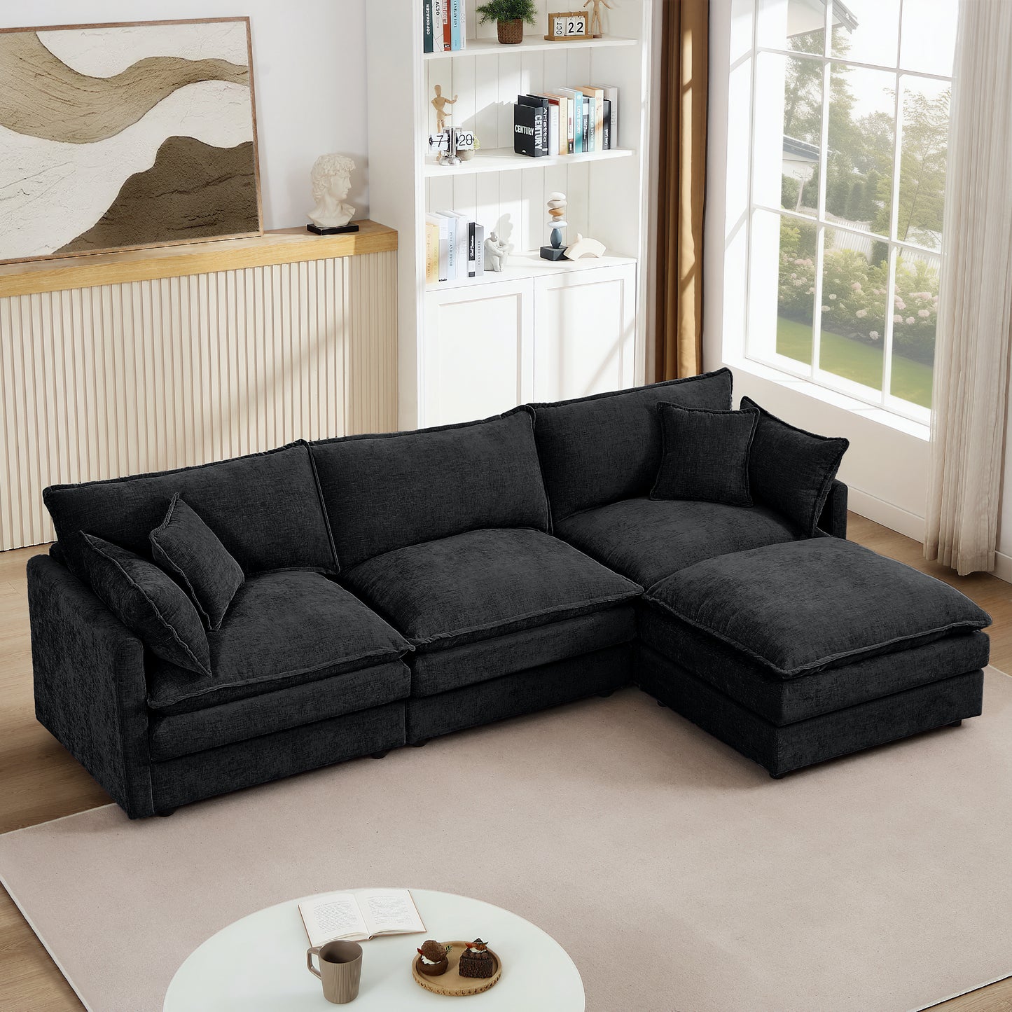 Modular Sectional Sofa, 102 Inch L Shaped Couch Set for Living Room, 3-Seater Comfy Cloud Couches with Movable Ottoman, DIY Combination, Chenille, Black image 1