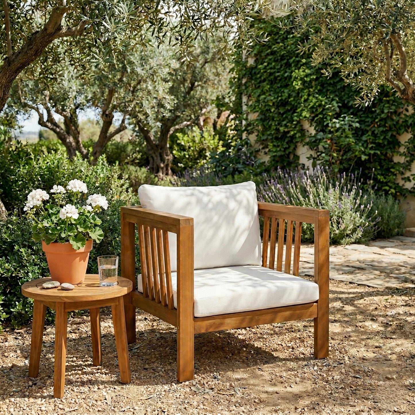 Outdoor Acacia Wood Club Chair with Modern Square Arms, Patio Chair with Thick Cushion, Adjustable Leveling Feet for Poolside, Backyard & Deck, Beige Cushion image 2