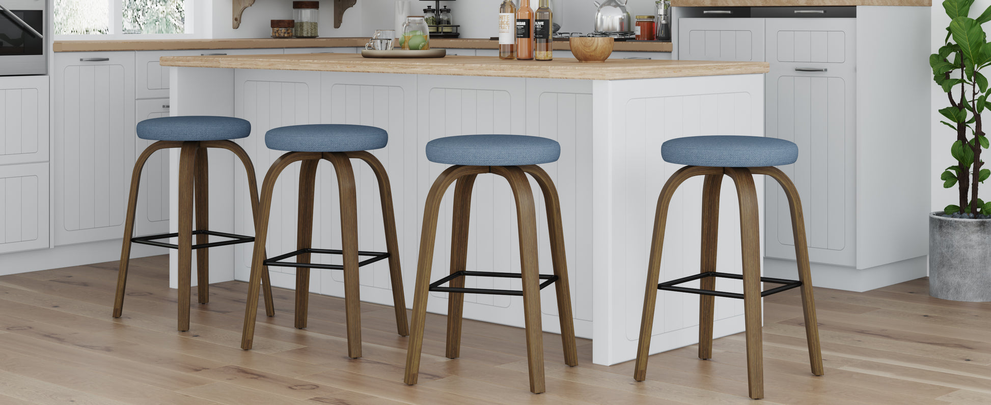 AILUNWALL Swivel Bar Stools Set of 2, Bar Height Backless 30″ Bar Stool, Fabric Upholstered Seat, Sturdy Wood Legs and Metal Footrest, Mid-Century Modern Island Stools for Home Bars, Restaurants, Blue image 5