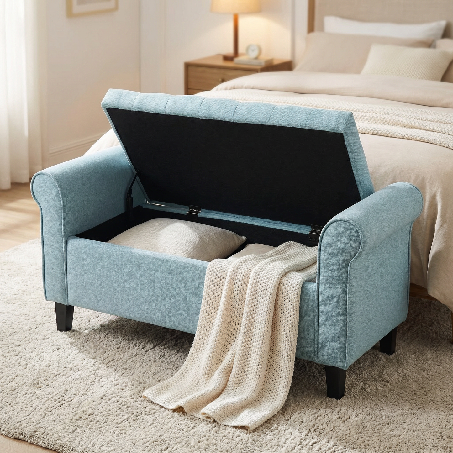 Light Blue Fabric Storage Bench with Rolled Arms, 38" Seat Width, Black Legs, Button Fabric Design, Living Room Bedroom Entryway Furniture image 3