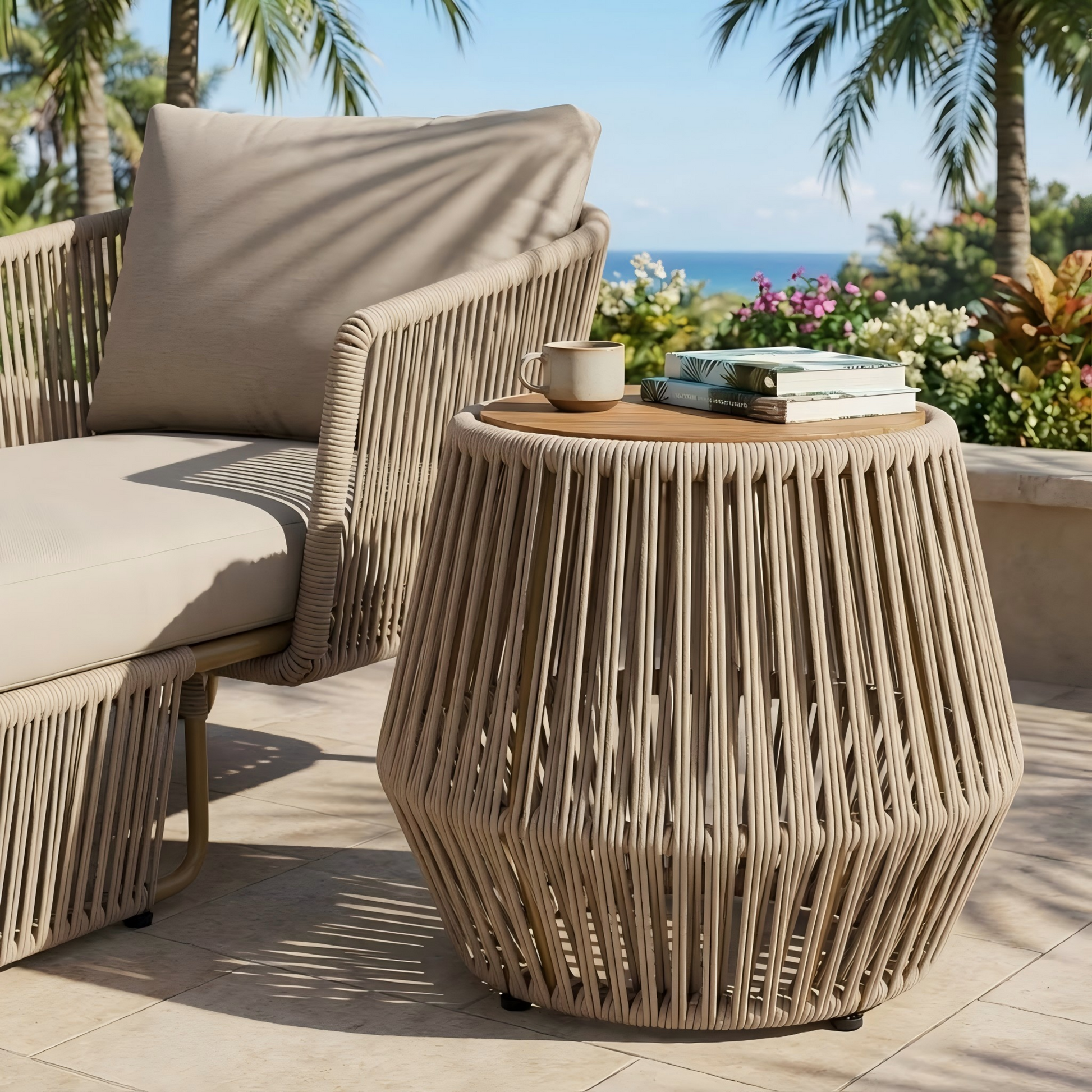 Acacia Wood Side Table with Beige Rope Base - Light Teak Finish, Modern Coastal Accent for Patio, Garden, Balcony & Indoor Use image 3