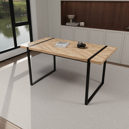 59" MDF light wood dining table and modern dining chair 4-piece set, medieval wooden kitchen dining table set, rectangular metal base, dining table and suede chair image 7