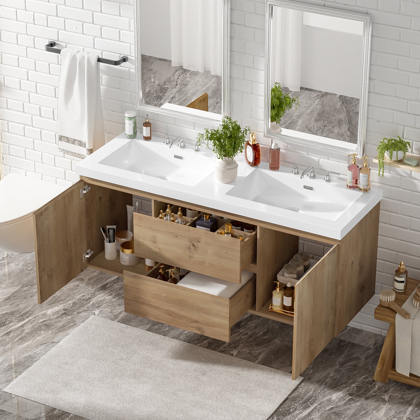 [Video]59.3 Inch Double Sink Bathroom Vanity with SMC Top, MDF Cabinet, Soft Close Doors, Divided Drawers, Wall-Mounted Modern Storage Vanity for Large Bathrooms image 2