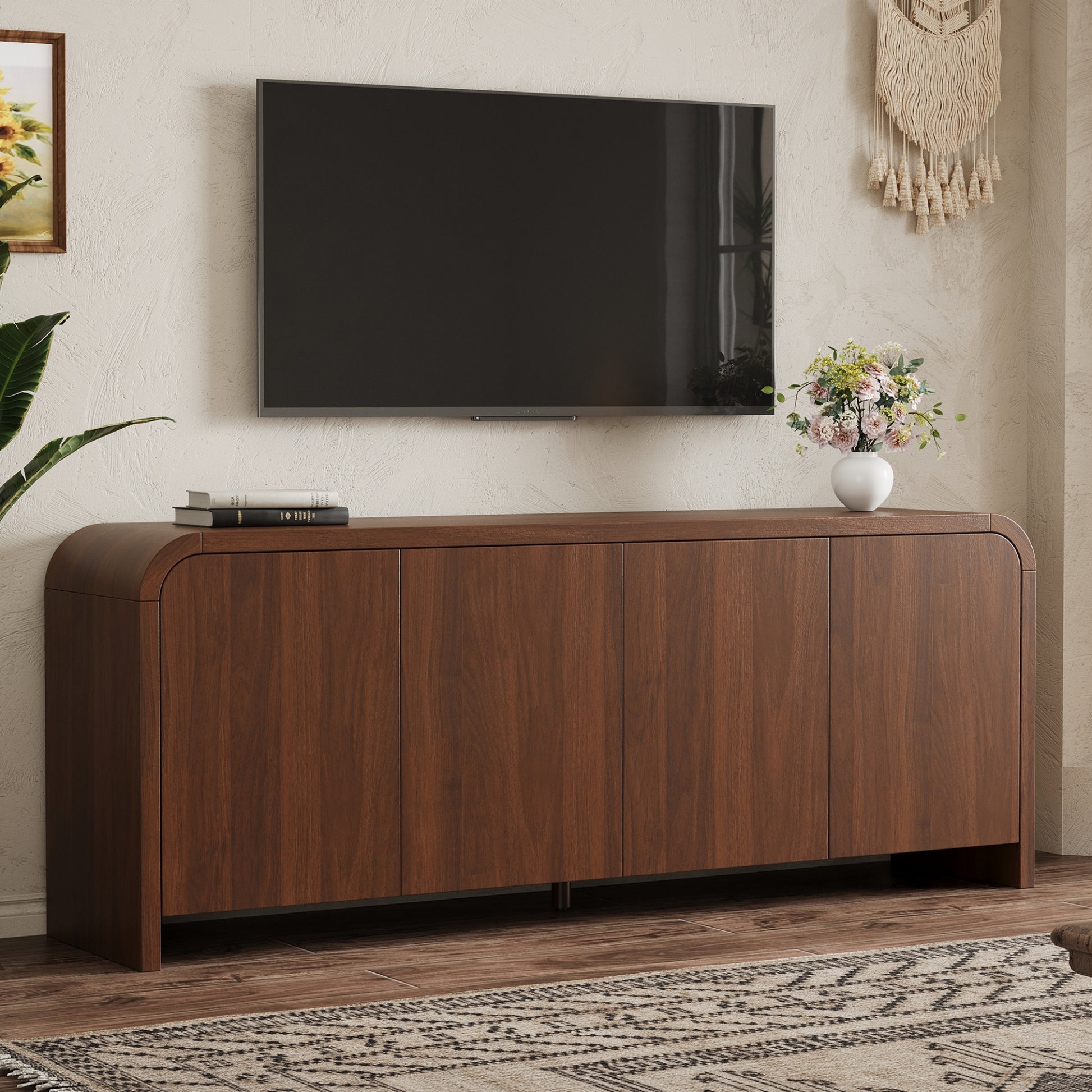 Farmhouse Curved Edge TV Stand with Large Cabinets for TVs up to 70", Minimalist Wood Grain Media Console with Cable Management, Mid Century TV Cabinet with Adjustable Shelves for Living Room, Walnut image 1
