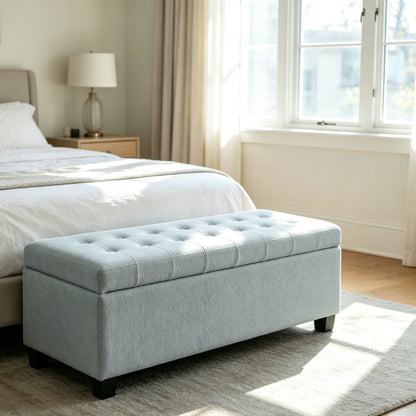 Storage Ottoman, Storage Bench, Tufted Entryway Bedroom Bench, 49.75Inches, Hinges Easy Lid Operation, Wooden Legs, Polyester fabric, Loads 300 lb,Baby Blue image 4
