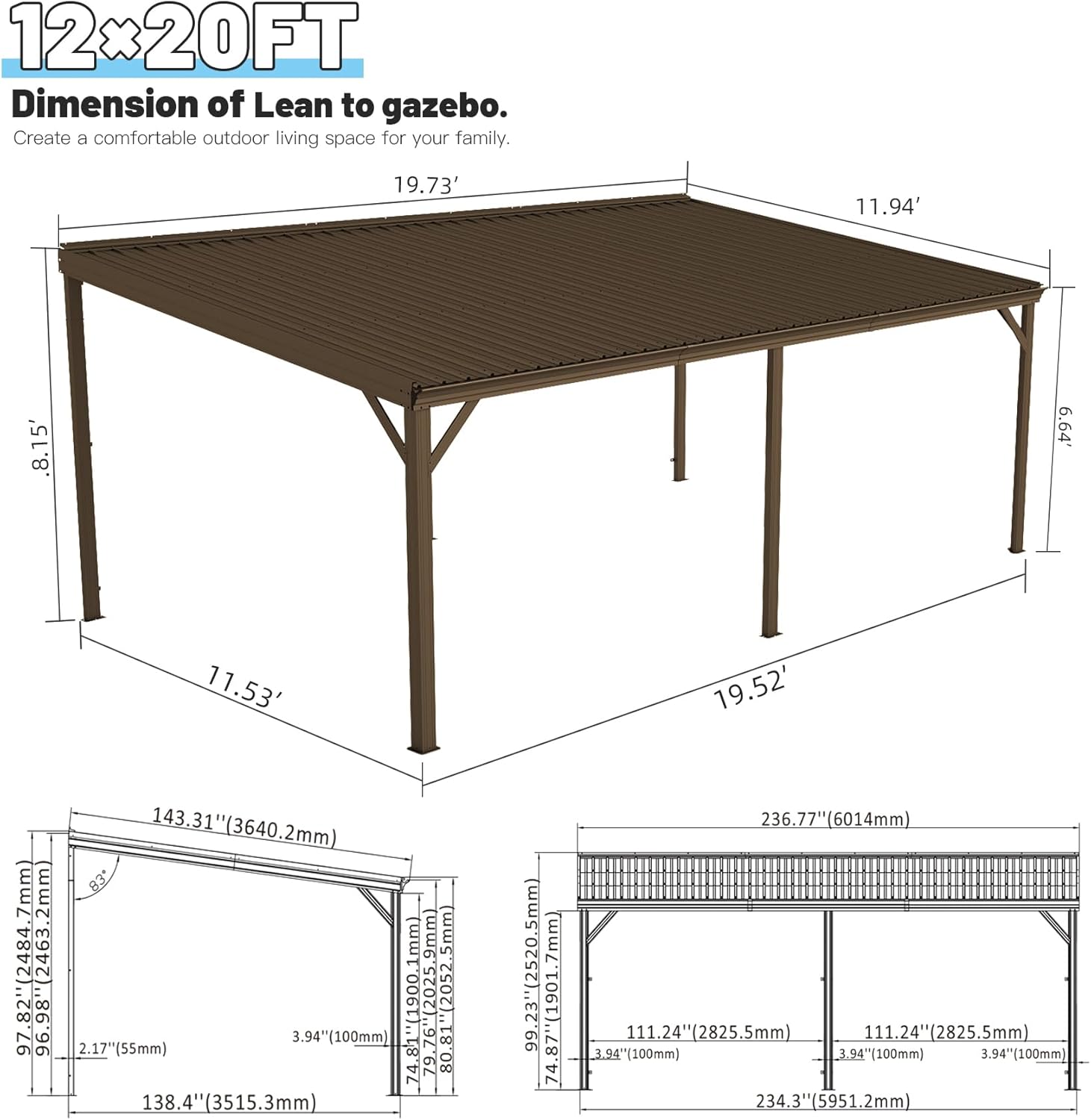 12x20FT Lean to Gazebo, Outdoor Hardtop Wall Mounted Gazebo with Sloping Galvanized Steel Roof, Upgraded Heavy Duty Mounted Shelter with Drainage System for Deck, Porch, Backyard,Brown image 5
