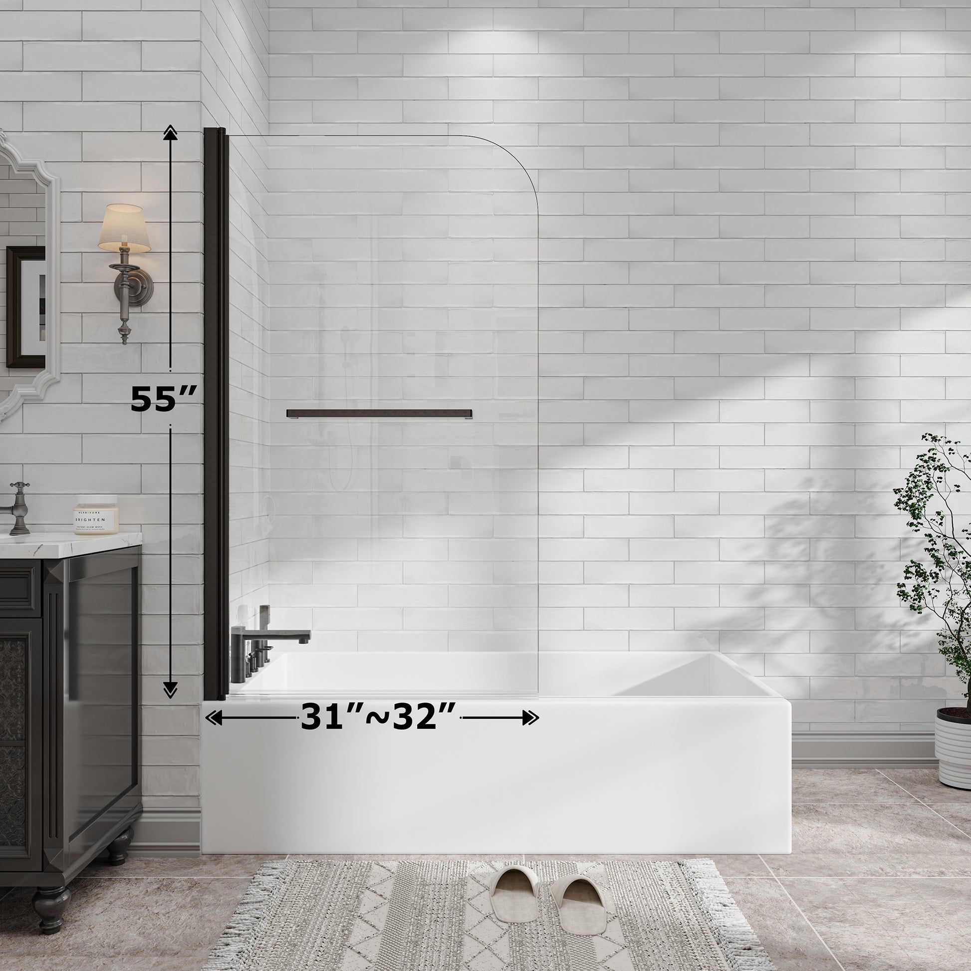 31"-32" W x 55" H Matte Black Flexible 180° Pivot Shower Door Reversible Installation Frameless Bathtub Screen,1/4"(6MM) Tempered Glass With Nano Easy Cleaning And Stick Explosion-proof Membrance image 2