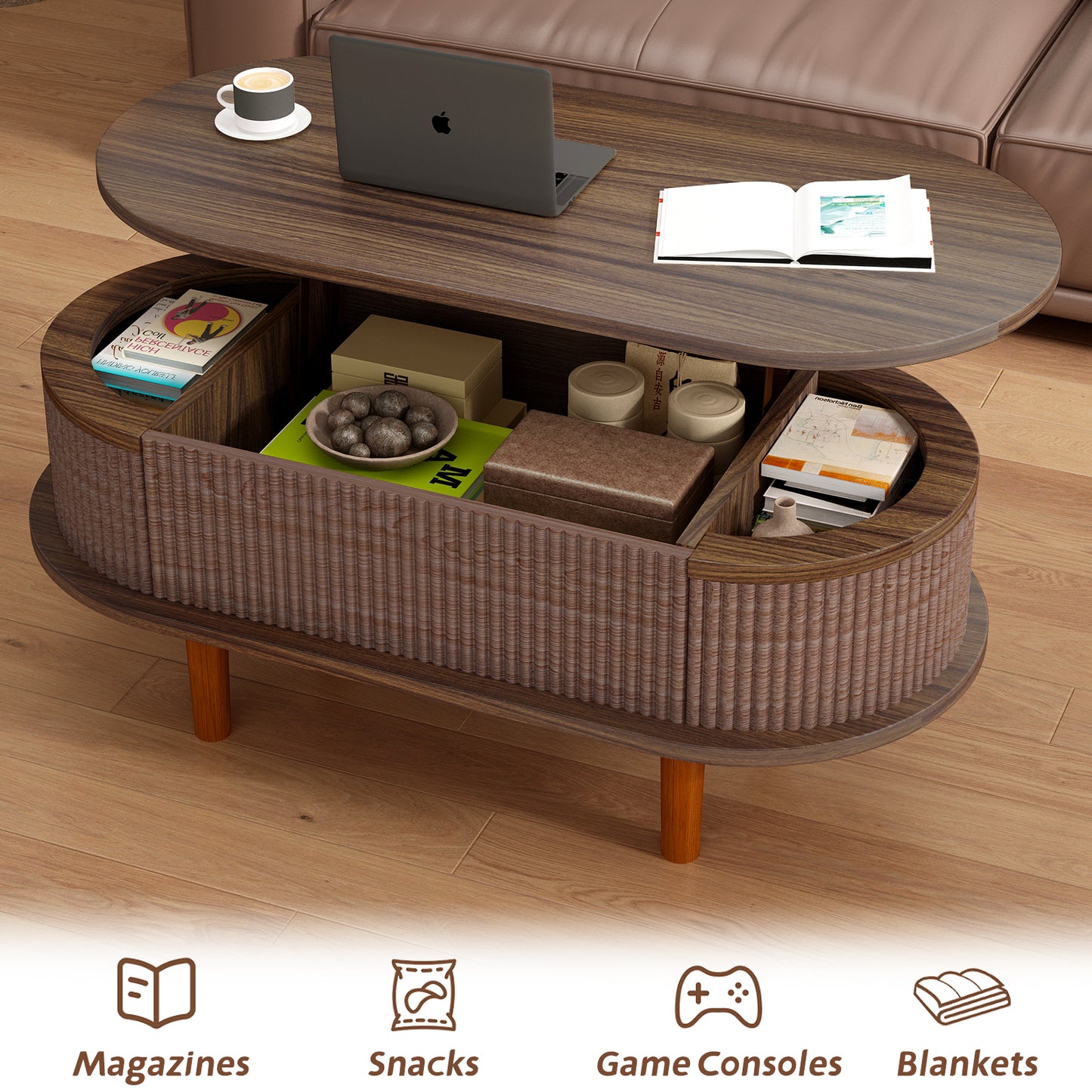 Fluted Lift Top Coffee Table with Hidden Compartment, Wooden Center Table, Modern Oval Lift Tabletop for Home Living Room Office, Walnut Color image 4