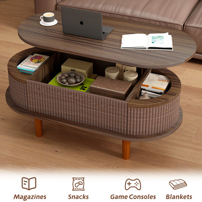 Fluted Lift Top Coffee Table with Hidden Compartment, Wooden Center Table, Modern Oval Lift Tabletop for Home Living Room Office, Walnut Color image 4