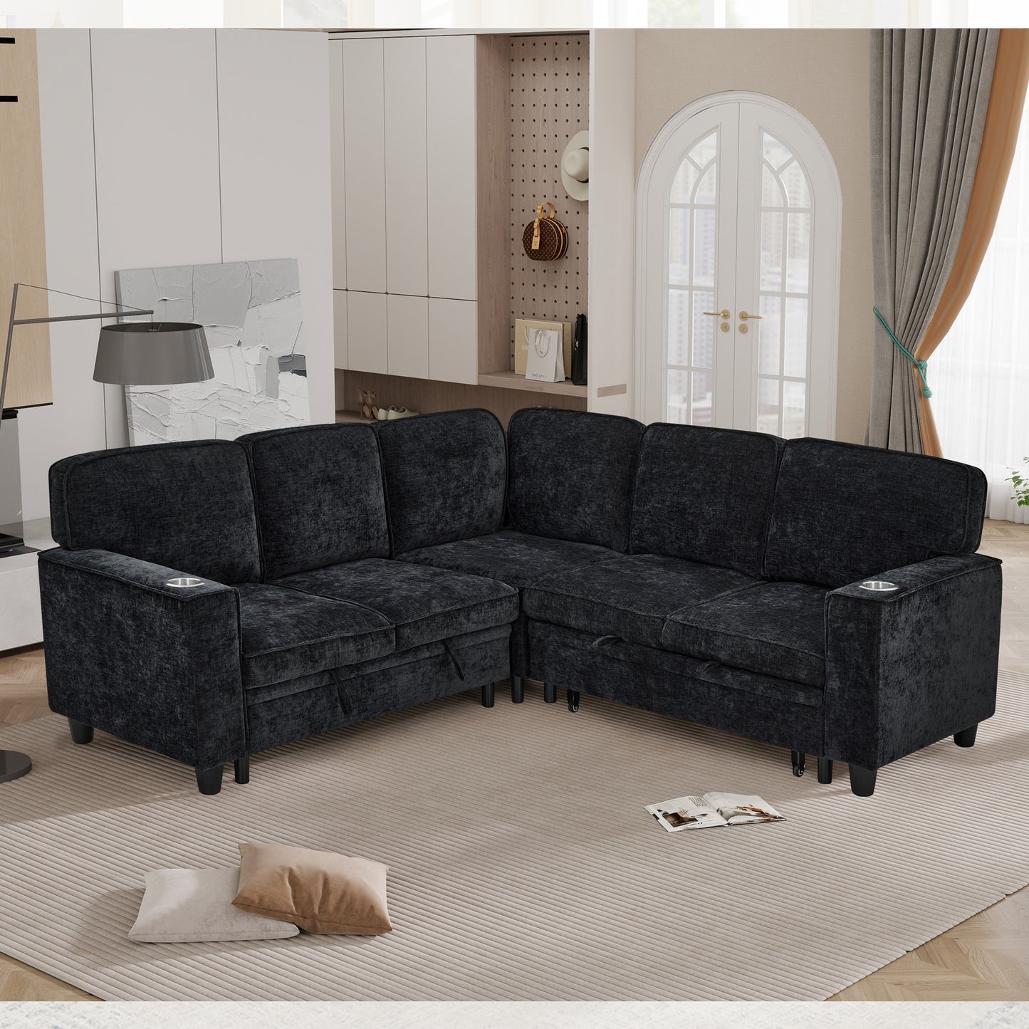 L-Shaped Sofa with Pull Out Sofa Bed, Sleeper Sofa Couch Bed with Storage Seat, 5 Seat Sectional Sofa Bed with USB, Sectional Sofa Couch for Living Room, Apartment, Charcoal Grey image 2