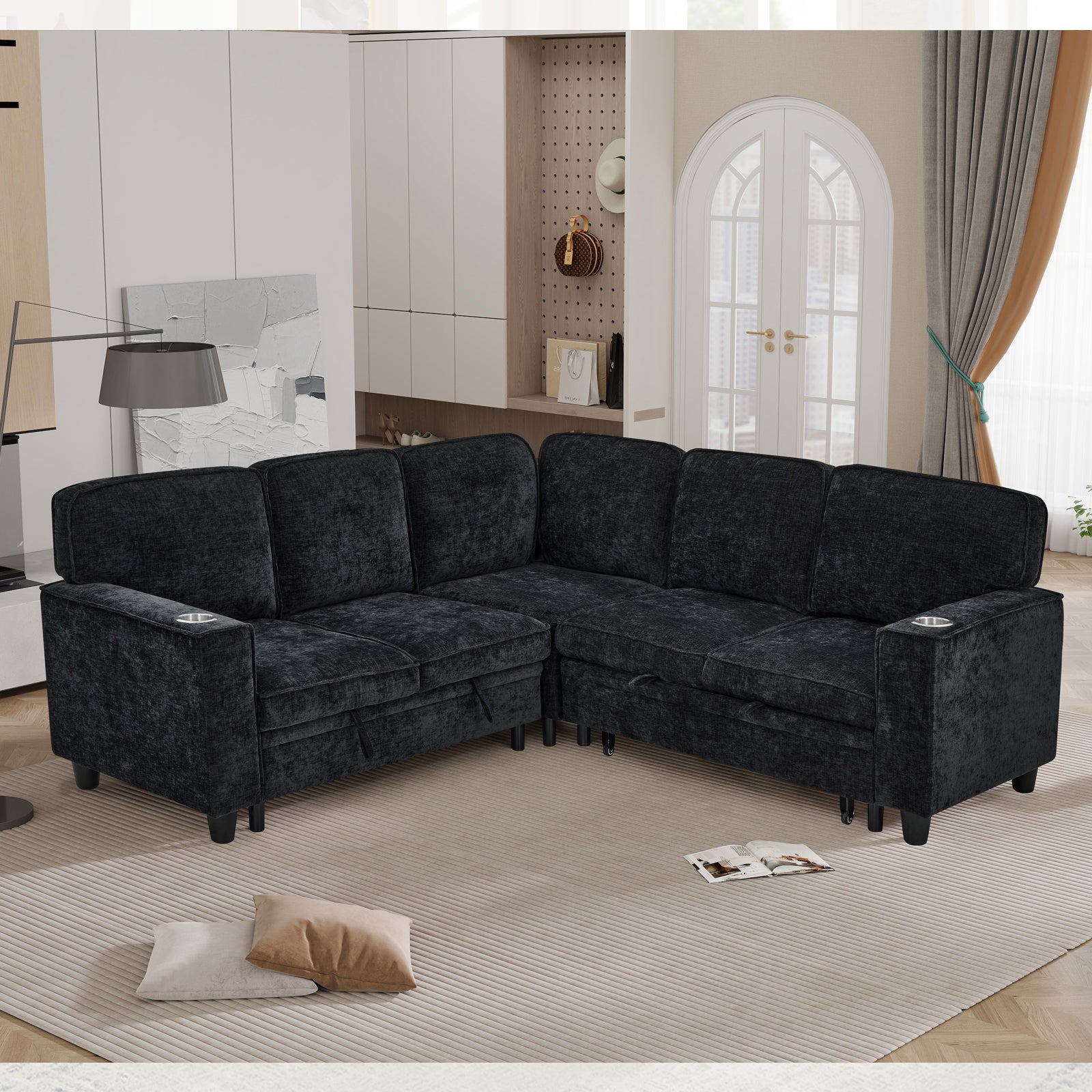 L-Shaped Sofa with Pull Out Sofa Bed, Sleeper Sofa Couch Bed with Storage Seat, 5 Seat Sectional Sofa Bed with USB, Sectional Sofa Couch for Living Room, Apartment, Charcoal Grey image 2