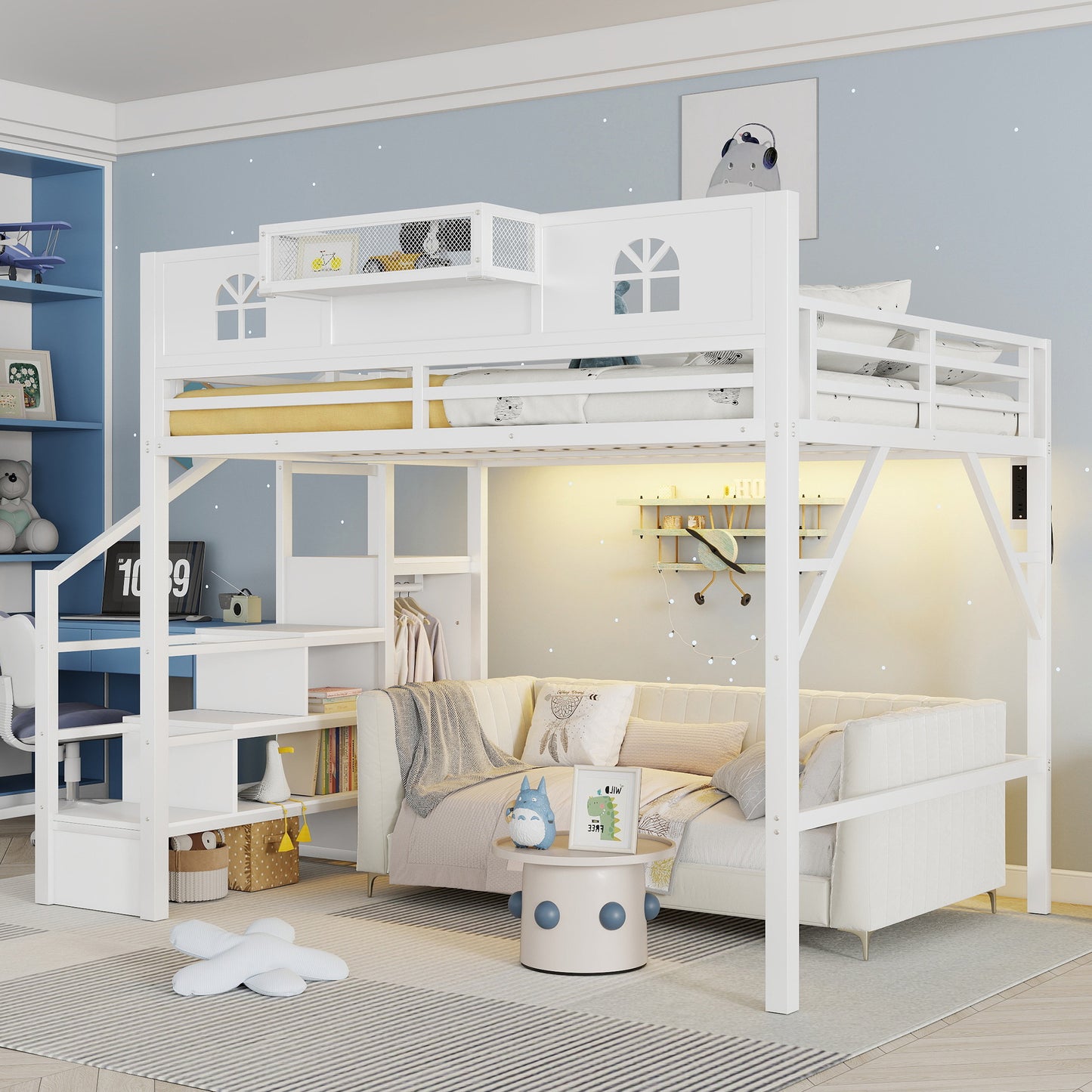 Queen Size Loft Bed with Stairs, Metal Queen Loft Bed with High and House Shaped Guardrails, High Loft Bed with Wardrobe for Kids Teens, White (Old SKU W2593S00038 Expect Arrival Date2026/3/7) image 3