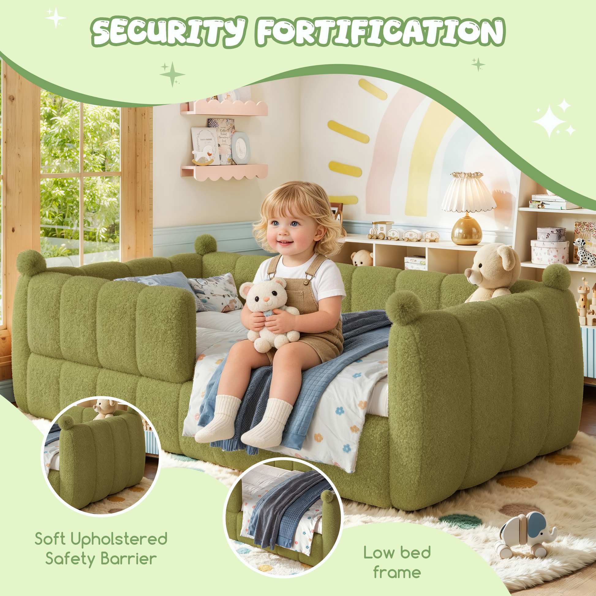 Twin Size Kids Soft Upholstered Floor Bed, Montessori Floor Bed with Full Surround Safety Rails, Low to Ground Child Bed Frame for Boys Girls, Green image 5