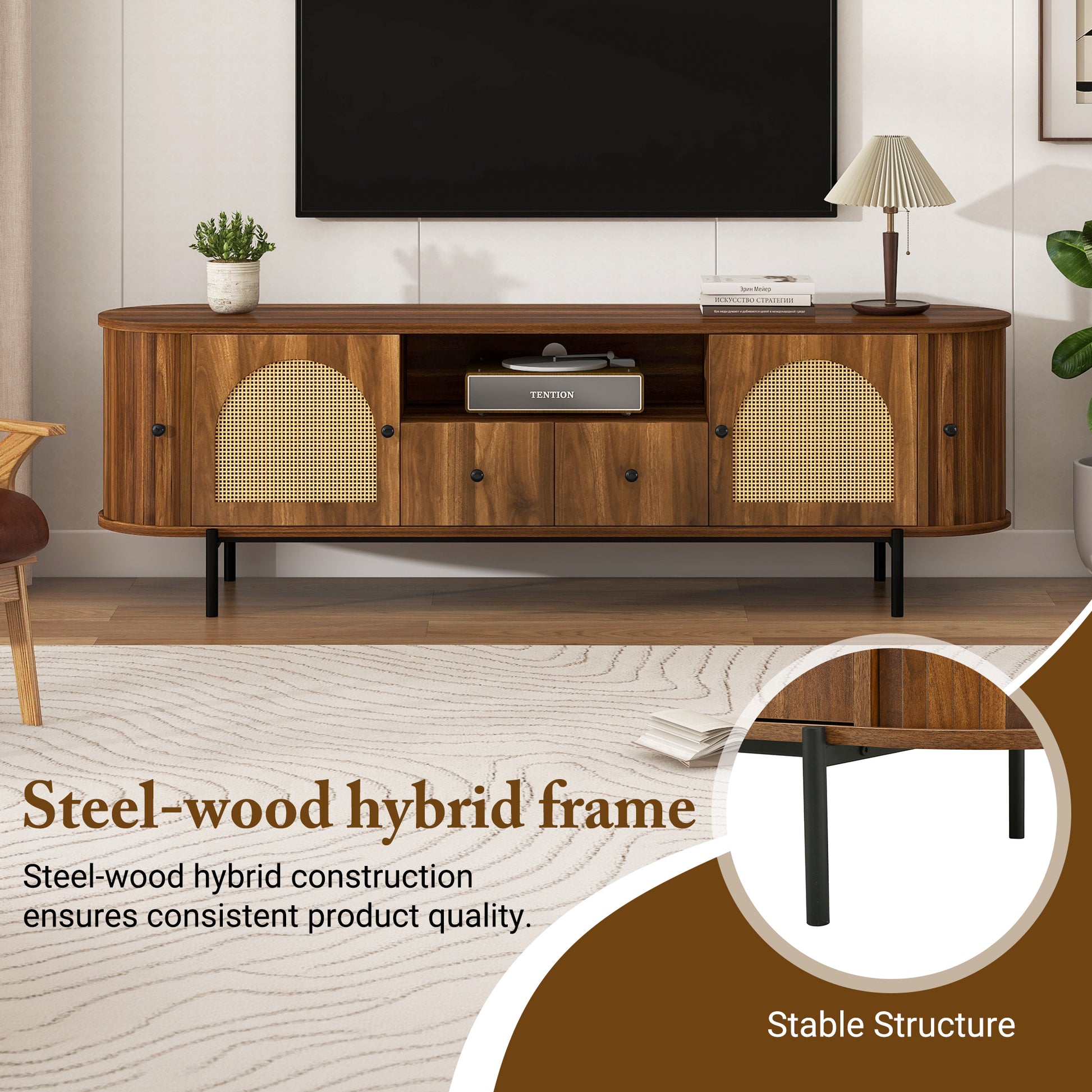 U-Can American Style TV Stand with Rattan Arched Doors, Drawers, Hidden Storage, Steel Legs, Rounded Corners image 8