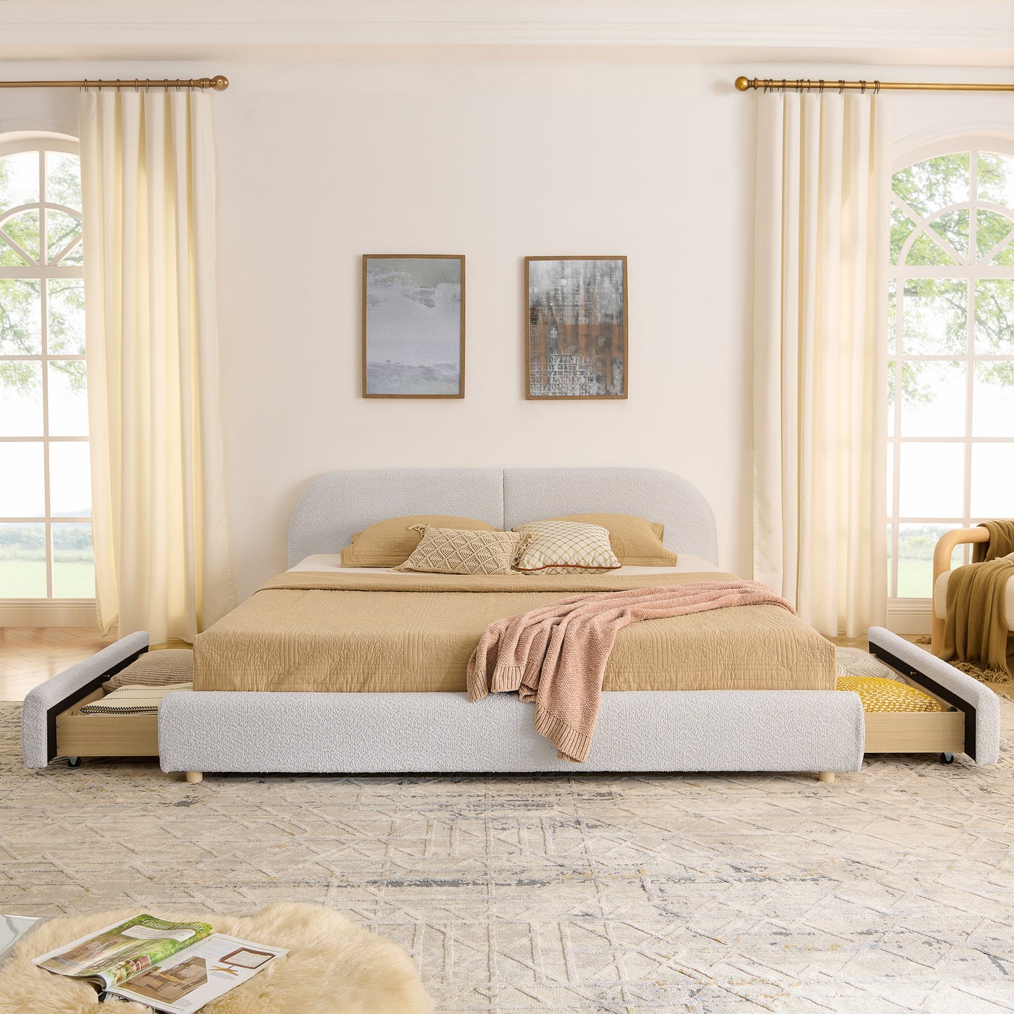 King Size Upholstered Bed Frame Modern Minimalist Style - Circle Yarn Fabric, Tall Curved Headboard, Sturdy Leg Support & Wheeled Drawer Storage, Mattress Not Included -Beige image 4
