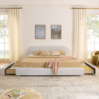 King Size Upholstered Bed Frame Modern Minimalist Style - Circle Yarn Fabric, Tall Curved Headboard, Sturdy Leg Support & Wheeled Drawer Storage, Mattress Not Included -Beige image 4